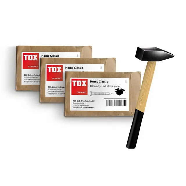 tox-home-classic-bildernagel-set-2-0x20-25-30-mm-mit-messingkopf-schlosserhammer image 1