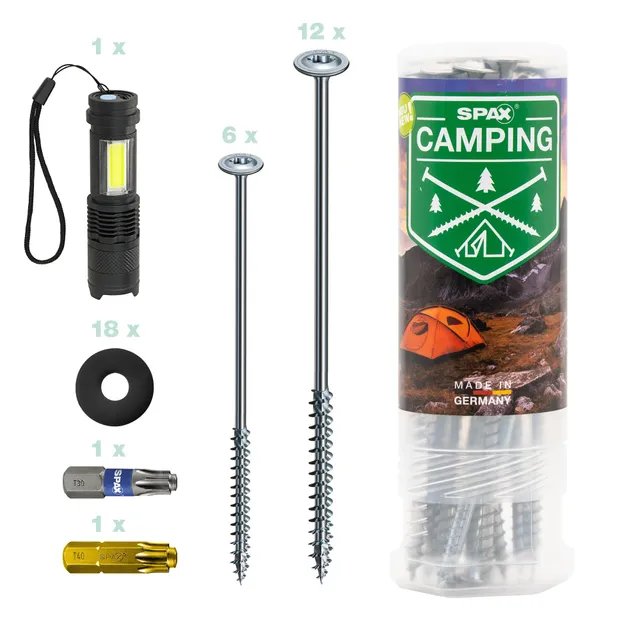 spax-campingset-zeltschrauben-18-teilig-8x220-6x160-mm-mit-scheiben-und-lampe image 1
