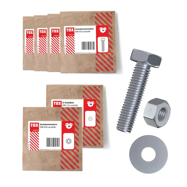tox-sechskantschrauben-set-100-tlg-m5-mit-mutter-und-u-scheibe-verzinkt image 1